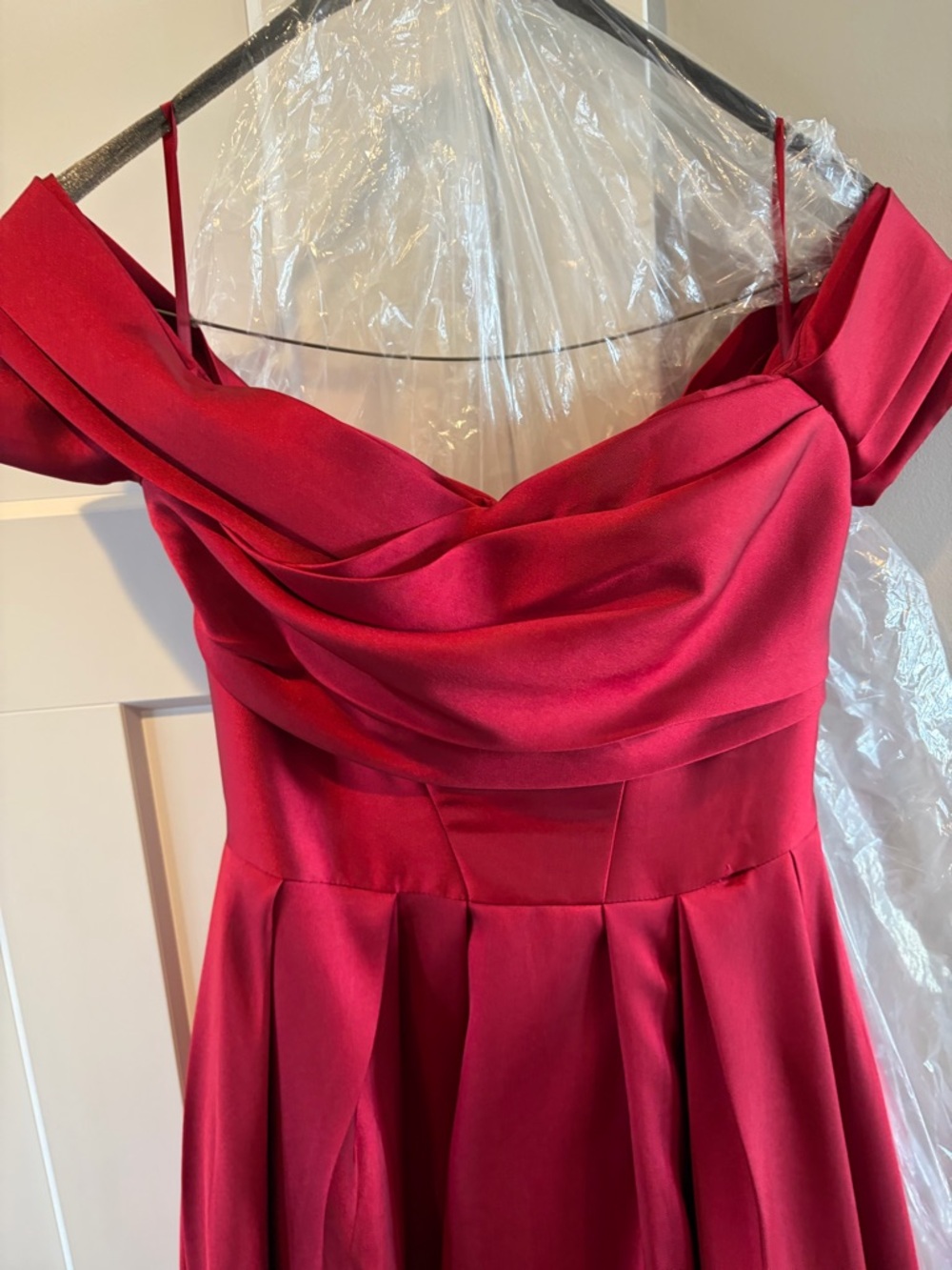 Prince Strapless Red Draped Satin Evening Dress